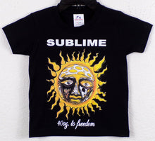 Load image into Gallery viewer, Sublime 40oz to Freedom Sun Youth T-Shirt featuring the iconic sun artwork from the album. Black short-sleeve tee with a bold, high-quality silkscreen print. Available in XS-XL.
