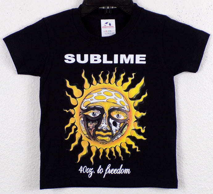 Sublime 40oz to Freedom Sun Youth T-Shirt featuring the iconic sun artwork from the album. Black short-sleeve tee with a bold, high-quality silkscreen print. Available in XS-XL.