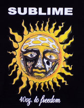 Load image into Gallery viewer, Sublime 40oz to Freedom Sun Youth T-Shirt featuring the iconic sun artwork from the album. Black short-sleeve tee with a bold, high-quality silkscreen print. Available in XS-XL.
