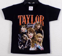 Load image into Gallery viewer, Youth unisex t-shirt featuring a vibrant Taylor Swift collage design with a high-quality silkscreen print, available in sizes XS-XL.
