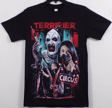 ’Terrifier Circus - Art The Clown’ Adult Silkscreen T-Shirt. Available From Small-3XL. 