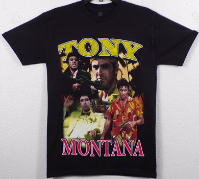 New ’Tony Montana Picture Collage’ Adult Silkscreen T-Shirt. Available From Small-3XL. - Unisex Short Sleeve Shirt