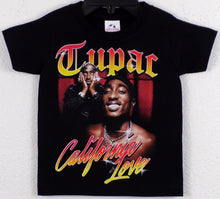 Load image into Gallery viewer, Tupac California Love Youth T-Shirt featuring a bold silkscreen design of the iconic rapper. Available in XS-XL
