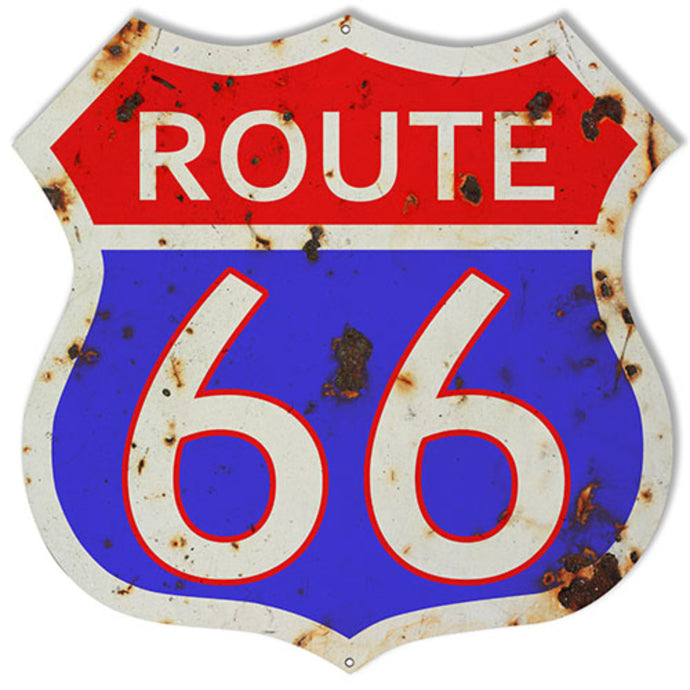 Vintage Route 66 metal sign in red and blue, featuring a classic highway design, available in 7.5” × 7.5” and 15” × 15” sizes. - Laser Cut