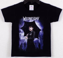 Load image into Gallery viewer, Youth T-shirt featuring Wednesday Addams standing in the rain, showcasing her gothic style and iconic look from The Addams Family. Available in XS-XL
