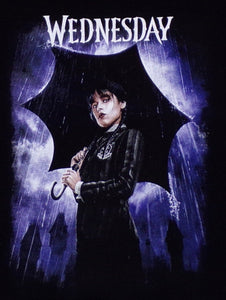 Youth T-shirt featuring Wednesday Addams standing in the rain, showcasing her gothic style and iconic look from The Addams Family. Available in XS-XL