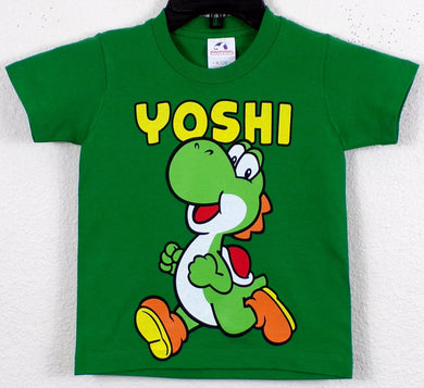 Youth Yoshi silkscreen T-shirt featuring a vibrant print of the iconic Yoshi character from Super Mario. Available in sizes XS-XL.