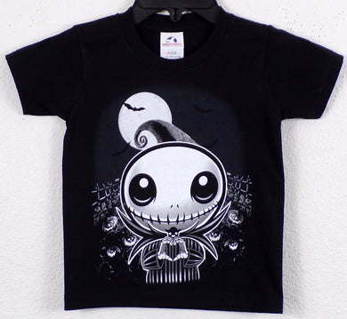 Young Jack Skellington from The Nightmare Before Christmas making heart-shaped hand gesture. Available in sizes XS-XL.