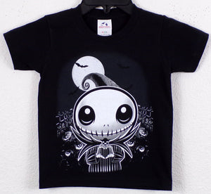 Young Jack Skellington from The Nightmare Before Christmas making heart-shaped hand gesture. Available in sizes XS-XL.