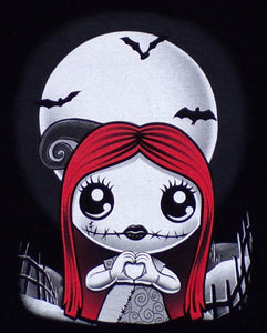 Young Sally Skellington Heart Hands Youth T-shirt featuring a whimsical design of Sally from The Nightmare Before Christmas making heart hands, perfect for fans of the movie. Available in XS-XL