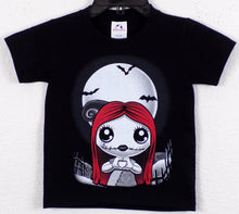 Load image into Gallery viewer, Young Sally Skellington Heart Hands Youth T-shirt featuring a whimsical design of Sally from The Nightmare Before Christmas making heart hands, perfect for fans of the movie. Available in XS-XL
