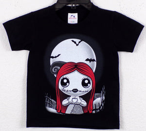 Young Sally Skellington Heart Hands Youth T-shirt featuring a whimsical design of Sally from The Nightmare Before Christmas making heart hands, perfect for fans of the movie. Available in XS-XL