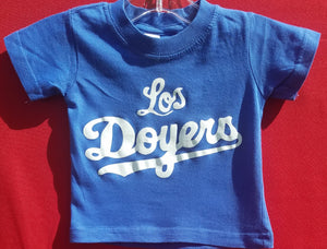 new royal blue los doyers infant silkscreen t-shirt available in 6 12 18 24 months unisex mexican style sports los angeles kids infant girls games dodgers boy baseball apparel baby toddler tops