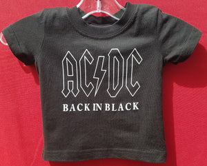 New AC/DC Back In Black Infant Silkscreen T-Shirt. Available In 6, 12, 18 & 24 Months. classic rock hard rock apparel