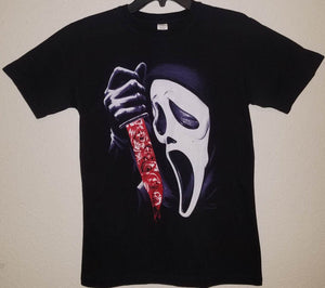 new scream ghost with victims faces on knife silkscreen t-shirt available from small-3xl women unisex men horror ghostface apparel adult shirts tops