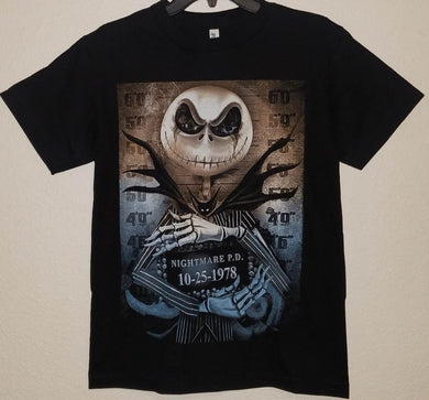 new jack skellington mugshot mens silkscreen t-shirt available from small-3xl women unisex movies men jack skellington horror fantasy apparel adult shirts tops