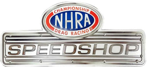 New "NHRA Speed Shop Valve Cover" Shaped Embossed Metal Sign. 14"H x 18.25"W.