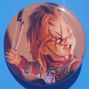 new chucky button set of 4 fashion buttons are 1.25 inches in size Set Includes Chucky & Tiffany In Heart Mugshot Throwing Knife Chucky With Axe horror movies