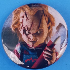 new chucky button set of 4 fashion buttons are 1.25 inches in size Set Includes Chucky & Tiffany In Heart Mugshot Throwing Knife Chucky With Axe horror movies