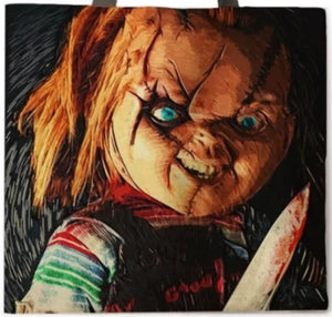 new chucky with knife canvas tote bags image is printed on both sides apparel handbags movies horror unisex