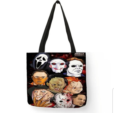 New 9 Guy Cartoon Collage Canvas Tote Bags Ghostface Jigsaw Michael Myers Hannibal Lecter Leatherface Chucky Freddy Krueger Jason Voorhees And Candyman