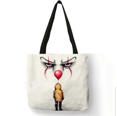 new pennywise it clown boy with balloon canvas tote bags image is printed on both sides women unisex tote bag movie men horror apparel handbags