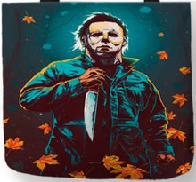 Load image into Gallery viewer, new michael myers with knife and leaves canvas tote bags image is printed on both sides women unisex tote bag movie men horror halloween apparel handbags
