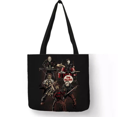 new the killers horror rock band canvas tote bags image is printed on both sides women unisex pinhead movies michael myers men leatherface jason hellraiser halloween freddy krueger apparel handbags