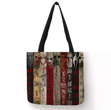 Load image into Gallery viewer, new horror collage famous sayings canvas tote bags image is printed on both sides unisex scream pinhead halloween jugsaw jason horror hellraiser freddy krueger hannibal movies
