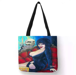 new elvira mistress of the dark canvas tote bags image is printed on both sides women vintage hollywood unisex tote bag men horror apparel handbag