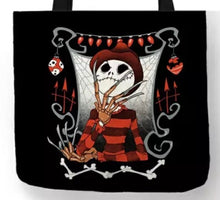 Load image into Gallery viewer, new jack skellington as freddy canvas tote bags image is printed on both sides women unisex movies men apparel jack skellington freddy krueger handbags
