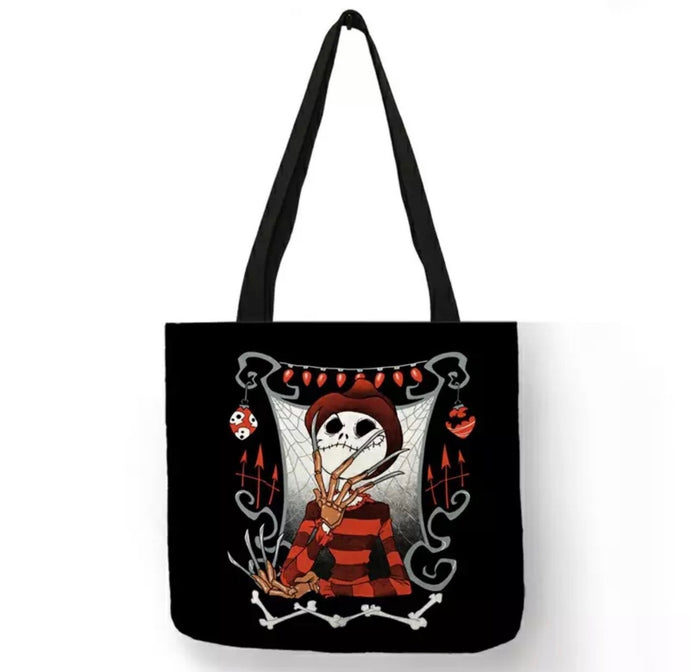 new jack skellington as freddy canvas tote bags image is printed on both sides women unisex movies men apparel jack skellington freddy krueger handbags