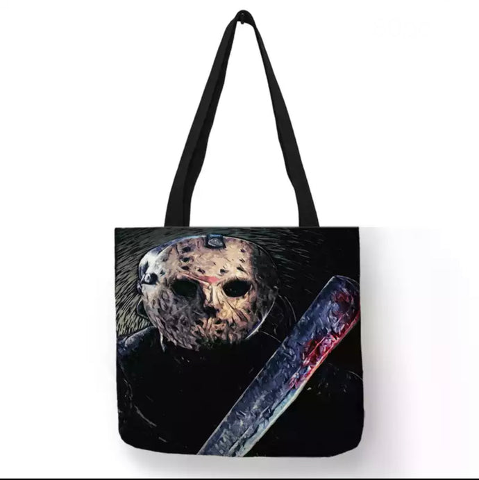 new jason voorhees with machete canvas tote bags image is printed on both sides women unisex movies men horror friday the 13th apparel handbags