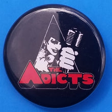 Load image into Gallery viewer, new rock band button set of 4 fashion buttons are 1.25 inches in size Set Includes ACDC Red Letter Logo On Black Anti Flag Red Star Sex Pistols The Adicts Logo In Triangle tv music collection buttons hard rock
