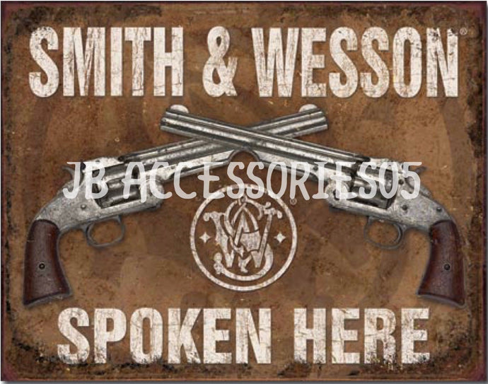 new smith wesson spoken here home protection man cave wall decor metal sign 16width x 12.5height decor guns home protection novelty